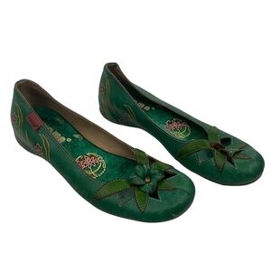 Yoma Green Leather Wedge Flower Shoes Size 38 Women's